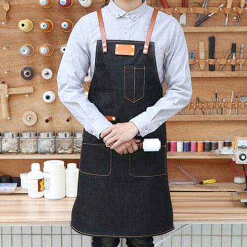 Black Blue Denim Apron Cowhide Leather Strap Barber Barista Florist Cafe Chef Uniform Florist Tattoo Artist Painter Work Wear K6
