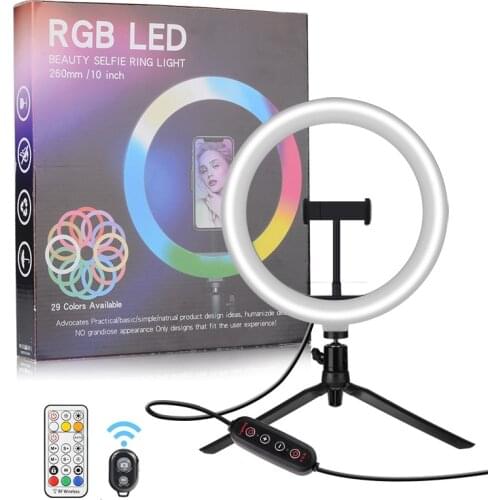 Photography LED Selfie RGB Ring Light 26cm With tripod Stepless Lighting Dimmable With Cradle Head For Makeup Video Live Studio