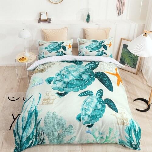Sea Turtle White Bedding Set Queen King Size Ocean Animals Blue Duvet Cover Quilts for Double Bed Home Textiles Kids Bedroom