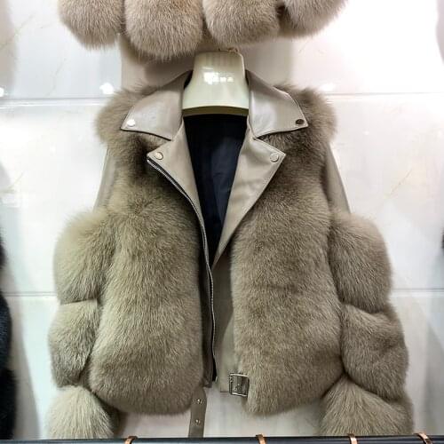 Rf2061 Aviator Fashion Fox Fur Jacket Woman Genuine Leather Natural Fur Coat with belt