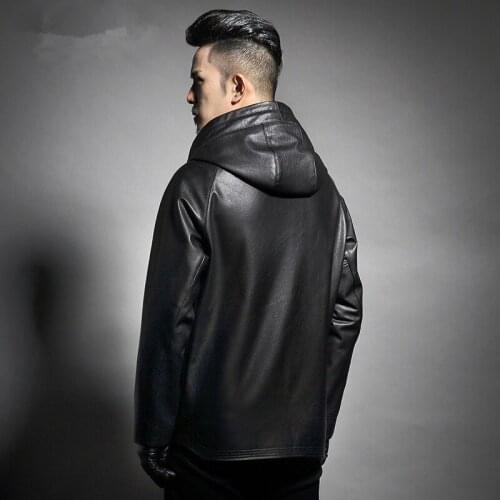Mens Genuine Cow Leather Jackets Spring Auutmn Hooded Windbreakers Plus Size 6XL Casacas Para Hombre F1826 MF128
