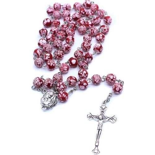 Religion Rosary Catholic Glass Beads Virgin Mary Long Pendant Cross Pendant Necklaces