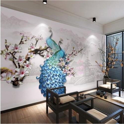 Beibehang Wallpaper custom new Chinese style water wealth stereo embossed blue Peacock Magnolia flower background wall