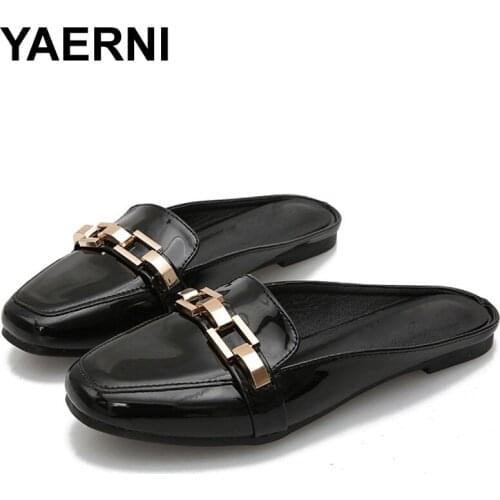 YAERNI Shoes Woman Mules flip flops Flat Slipper zapatos mujer metal Slides Comfortable Sandals loafers Big size Large Black red
