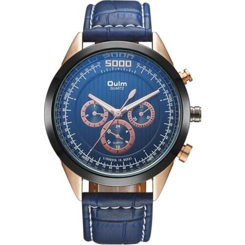 Oulm Brand Waterproof Mens Watch Calendar Luminous Large Dial Multi Time Zone Leisure Fashion Belt Pin Buckle Mens Twist Watch