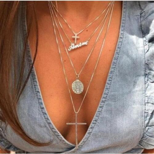 Hot selling fashion jewelry with Bohemian multilayer geometric disc English rhinestone cross necklace for female wholesale