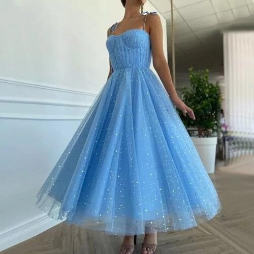 Fairy Blue Princess Prom Dresses Sparkly Starry Tulle Strapless Short Prom Gowns Pleated Tea-Length A-Line Formal Party Gowns