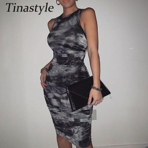 Tinastyle Tie-Dye Print Sleeveless Ruched Dress Women Sexy Bodycon Winter Party Dress High Elastic Casual Party Christmas Dress
