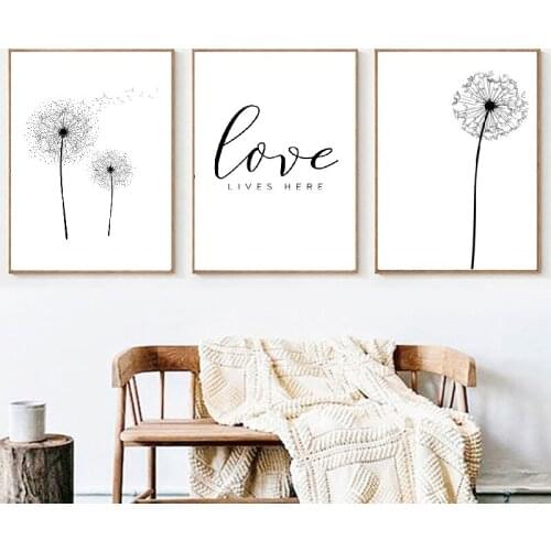 Black and white dandelion print simple poster, canvas painting, Scandinavian art picture, Nordic style, home decoration