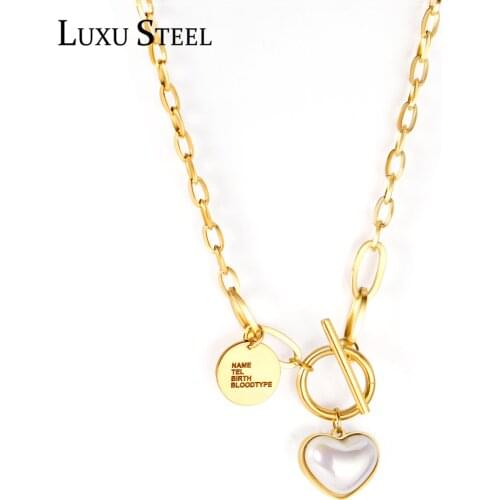 LUXUSTEEL Heart Imitation Pearl Letter Pendant Necklace Women Collars Stainless Steel Cuban Link Chains Necklace Wedding