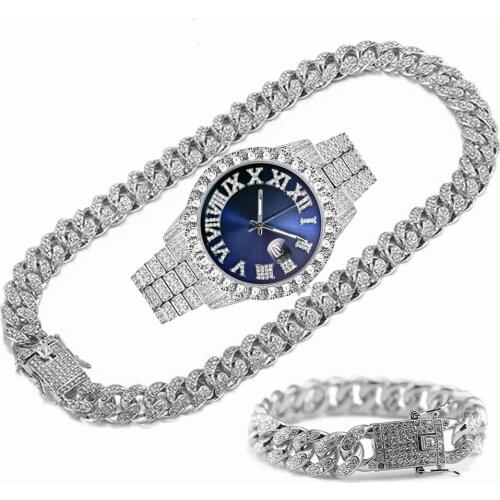 Luxury Gold Watch for Men Full Iced Out Watch Men Bling Miami Cuban Link Chain Rhinestone Bracelet Necklace Jewelry Set Relogio