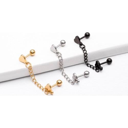 Rinhoo 1pcs Stainless Steel Heart Ear Stud Simple Integrated Chain Double Ear Hole Earrings Fashion Women Body Piercing Jewelry