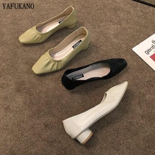 Autumn Women Pumps High Quality Soft Leather Square Toe High Heels Fashion Pleated Low Heel Ladies Work Shoes Retro Grandma Shoe