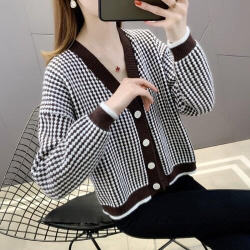 Cropped Cardigan Sweater Womens Coat Short Plaid Knit Cardigans Womens V-neck Sweater Plus Size