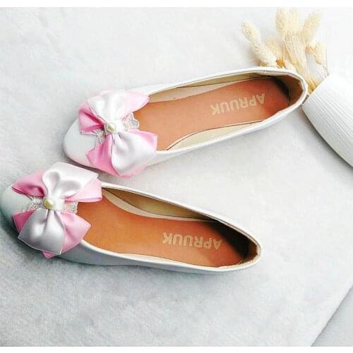Party flats shoes woman handmade satin white pink butterfly-knot pearls style bridal brides wedding flats shoes plus size