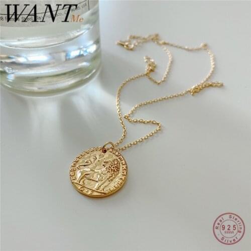WANTME Punk Trendy Geometric Round Lion Pendant Chain Necklace for Women Genuine 925 Sterling Silver Fine Animal Jewelry 2020