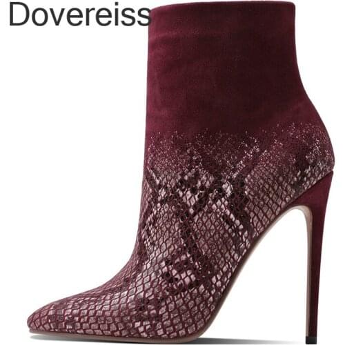 Dovereiss Fashion Womens Shoes Winter Pointed Toe Sexy New Clear Heels Zipper Ankle Boots Serpentine Stilettos Heels 42 43