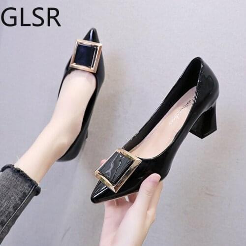 Square Buckle Fashion OL Office Shoes 2021 New Womens Concise Patent Leather Shallow High Heels Shoes Pointed Toe Women Pumps