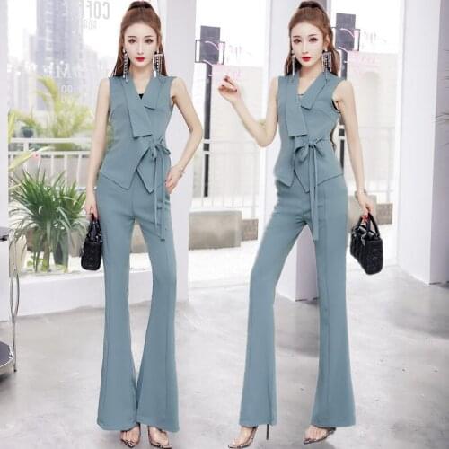 Women 2021 Summer Two Piece Sets Female Sleeveless Notched Collar Tops and Flare Pants Sets Suits OL Style Elegant Lady Sets B48