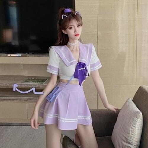 2021 Summer New Women Japanese Style Fashion Navy Collar Short Top + High Waisted Pleated Skirt Jk Uniform Two-piece Suit Y311