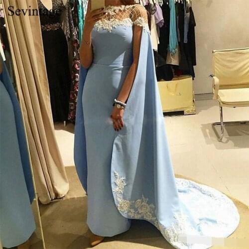 Sevintage Mermaid Satin Long Prom Dress with Cape White Lace Women Formal Party Evening Gowns Sweep Train Vestidos De Gala 2020