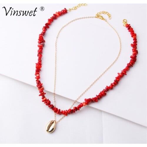 Women Necklace Bohemian Blue Turquois Red Coral Stone Handmade Chain Necklaces For Women Seashell Pendant Boxe Party Jewelry