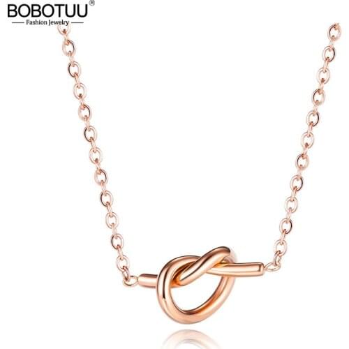 BOBOTUU Titanium Stainless Steel Knot Pendant Necklaces Rose Gold Original Design Charm Choker Necklace For Women BN17091