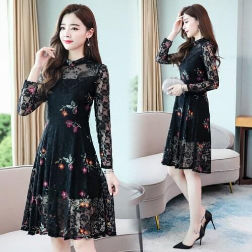 2021 Vintage Black Sexy Lace Mini Dresses Autumn Winter New 3XL Plus Size Long Sleeve Dress Elegant Women Bodycon Party Vestidos