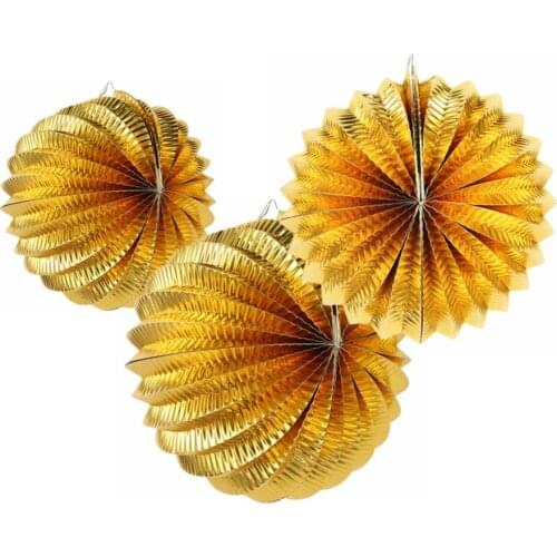19cm 3pc Shiny Metallic Gold Accordion Pleated Paper Lanterns Watermelon Lantern Wedding Party Birthday Showers Home Space Decor