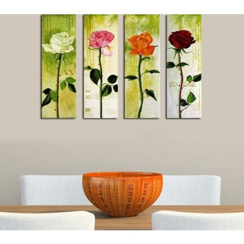 4 Pieces hand painted beautiful rose oil painting on canvas high quality modern abstract flower oil painting for home wall art