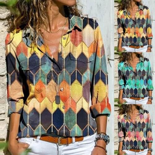 Women Blouses Beach Loose Blouse printing Shirt Women Long Sleeve Turn Down Collar Hexagon Print Buttons Shirt Loose Blouse