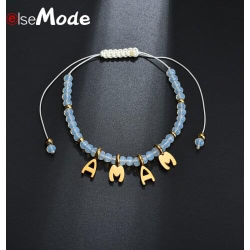 ELSEMODE Bohemia MAMA Letter Handmade Woven Crystal Beads Family Bracelets Gold Stainless Steel for Women Gifts Charm Jewelry