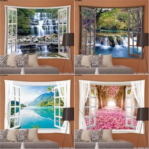 Window Landscape Tapestry Natural Scenery Forest Waterfall Hippie Background Wall Tapestries Bedroom Garden Tablecloths Decor