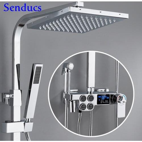 Chrome Thermostatic Shower Set Four Function Bathroom Shower Faucet Brass Mixer Tap Intelligent Digital Bath Shower System