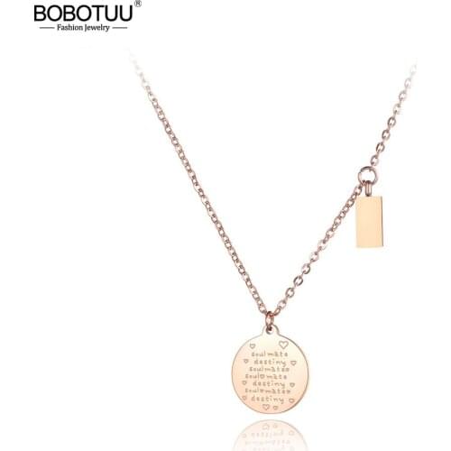 BOBOTUU Bohemia Stainless Steel Love Tag Pendant Necklaces Jewelry Trendy Rose Gold Chain Chokers Necklace For Women BN19011