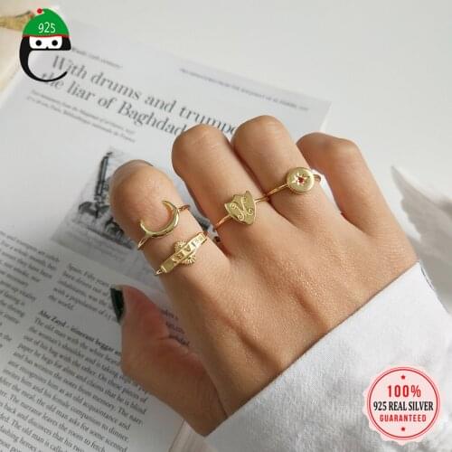 ElfoPlataSi 925 Sterling Silver Personality Open Size Ring Moon Star Shield BABY Style For Fashion Women Sterling Silver Jewelry