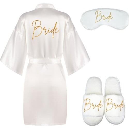 New champange bridal robe 3pc set of bridekimono eyemask slippers bridesmaid wedding party shower bathrobe getting married robes