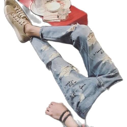 Wholesale 2020 Fashion Summer thin broken jeans mens ankle length pants letter printed slim feet beggar pants Korean casual