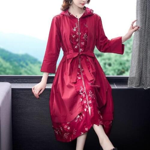 Fall Spring Woman Wine Red Khaki Black Embroidery Trench Coat with A Hood , Women Hooded 4xl Long Duster Cardigan Coats