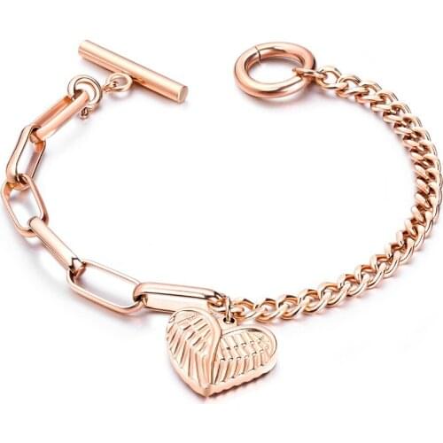 Romantic Stainless Steel Coin/Wing/heart Bangles Bracelet For Women steel/Rose Gold girl Link Chain Cuff Jewelry Drop Shipping