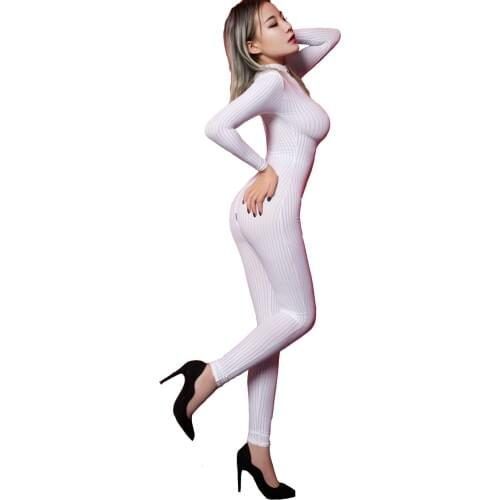Sexy Bridal White Sheer Opaque Front Zip Vertical Stripes Spandex Zentai Suit Catsuit Bodysuit Night Club Fetish Costume