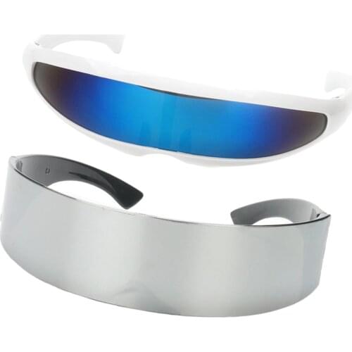2 Pieces Futuristic Shield Sunglasses Monoblock Cyclop Eyewear Silver Color for birthday cosplay party unisex adults and kids