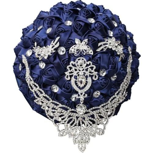 Navy Blue Bride and Bridesmaid Holding Bouquets Pearl Rhinestones Satin Rose Bouquets, Handmade Wedding Supplies ZQ002