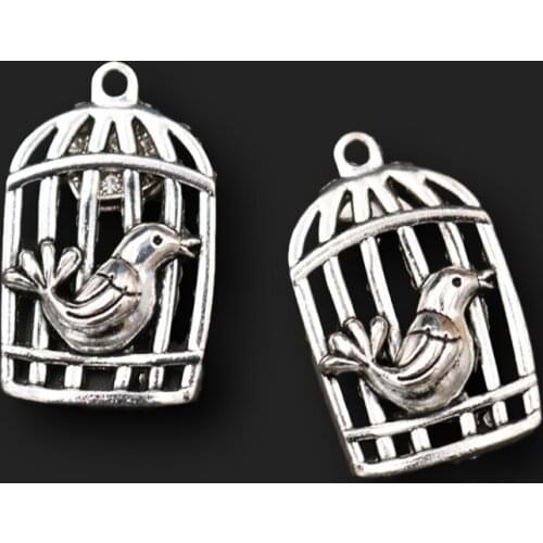 Creative Silver Plated Bird Cage Pendant Animal Charms Magpie Charms DIY Handmade Charm 36*23mm 6pcs