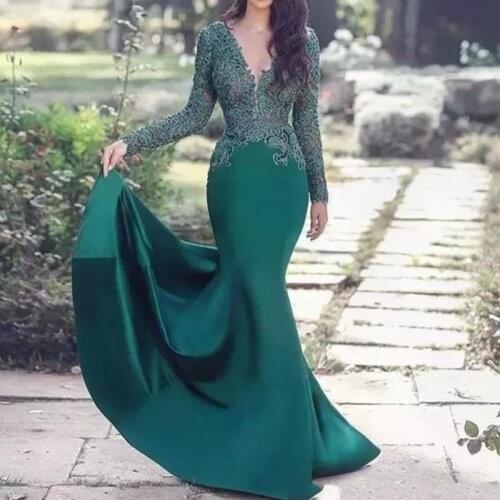 Green Muslim Evening Dresses V-neck Mermaid Long Sleeves Party Prom Dress Lace Elegant Formal Evening Gown Vestidos De Fiesta
