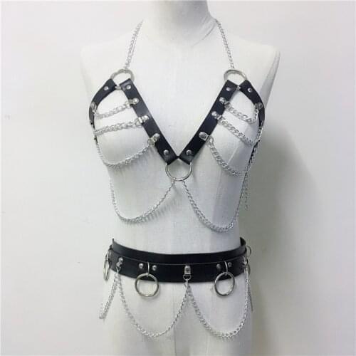 Goth Faux Leather Garter Belts Two Piece Set Women Link Chain Chest Bondage Bra Garter Punk Metal O Rings Waist Belt Outfits