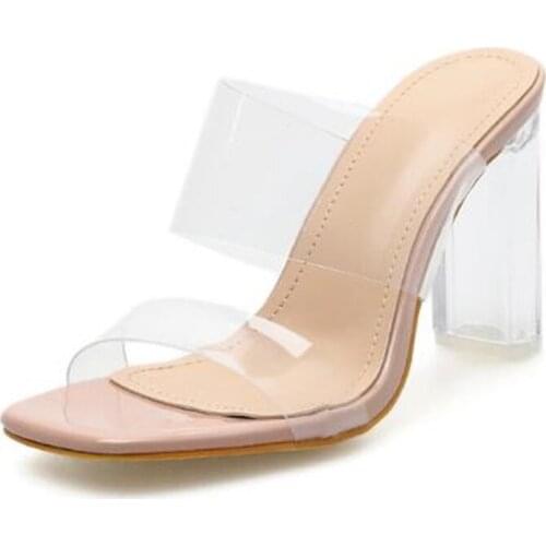Women sandals PVC Slip On 10cm Square heel High heels Square Toe Shallow women shoes sandalias mujer 2020 size 35-42 Beige
