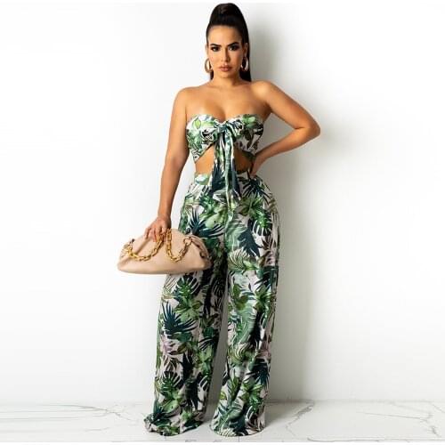Leaves Printed Summer Two Piece Set Tracksuit for Women Off Shoulder Bow Tie Crop Top and Wide Leg Trouser Female Clothing New