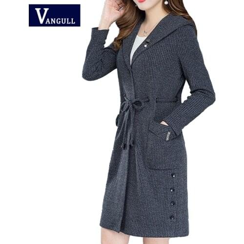 Vangull Ladies Long Sleeve Hooded Cardigan Knitted Sweater Women Slim Single breasted Belt Autumn Womens OuterCoat Sweater