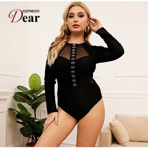 Comeondear Sexy Bodysuit Button Long Sleeve Bodysuit Lingerie Sexy Big Size Streetwear Bodycon See Through Womens Sexy Outfit